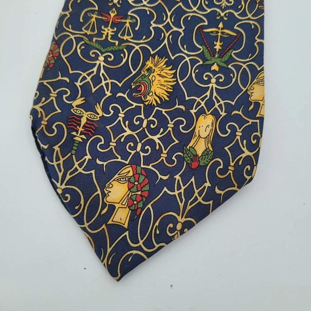 Christian Dior Monsieur Silk Tie Navy Blue Gold Mythological Motif Made in Italy
